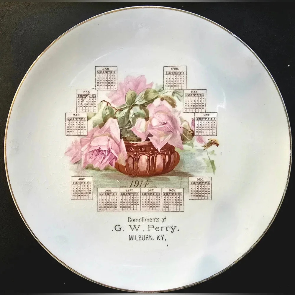 Antique 1914 Advertising Calendar Plate G.W. Perry of Milburn, KY Crown Pottery